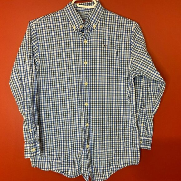 Vineyard Vines Boy's Blue Plaid Button Up Whale Shirt - Size Medium (12-14) - Picture 1 of 4